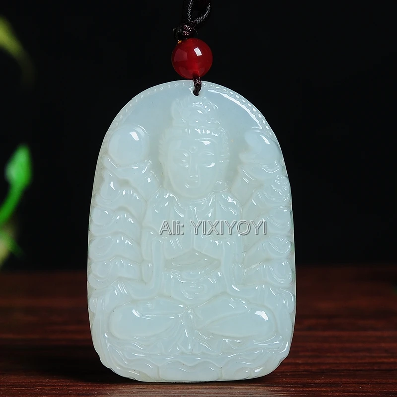 Beautiful Natural White HeTian Jade Carved Chinese Thousand Hand GuanYin Lucky Pendant + Free Necklace Certificate Fine Jewelry