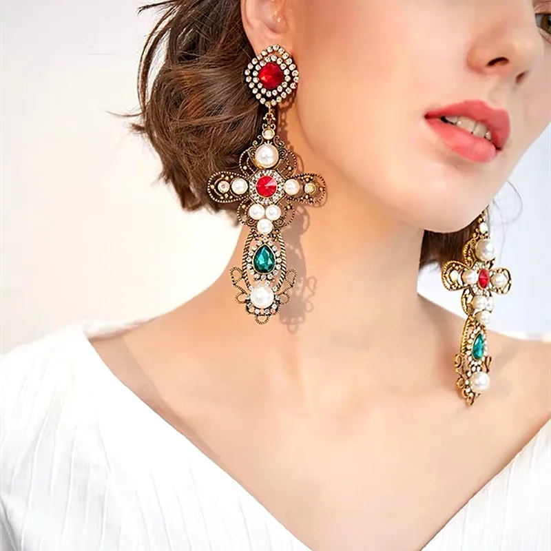 Vintage Baroque Style Inmitation Pearls Big Cross Dangle Earrings for Women Jewelry Hot Sale Classic Statement Accessories