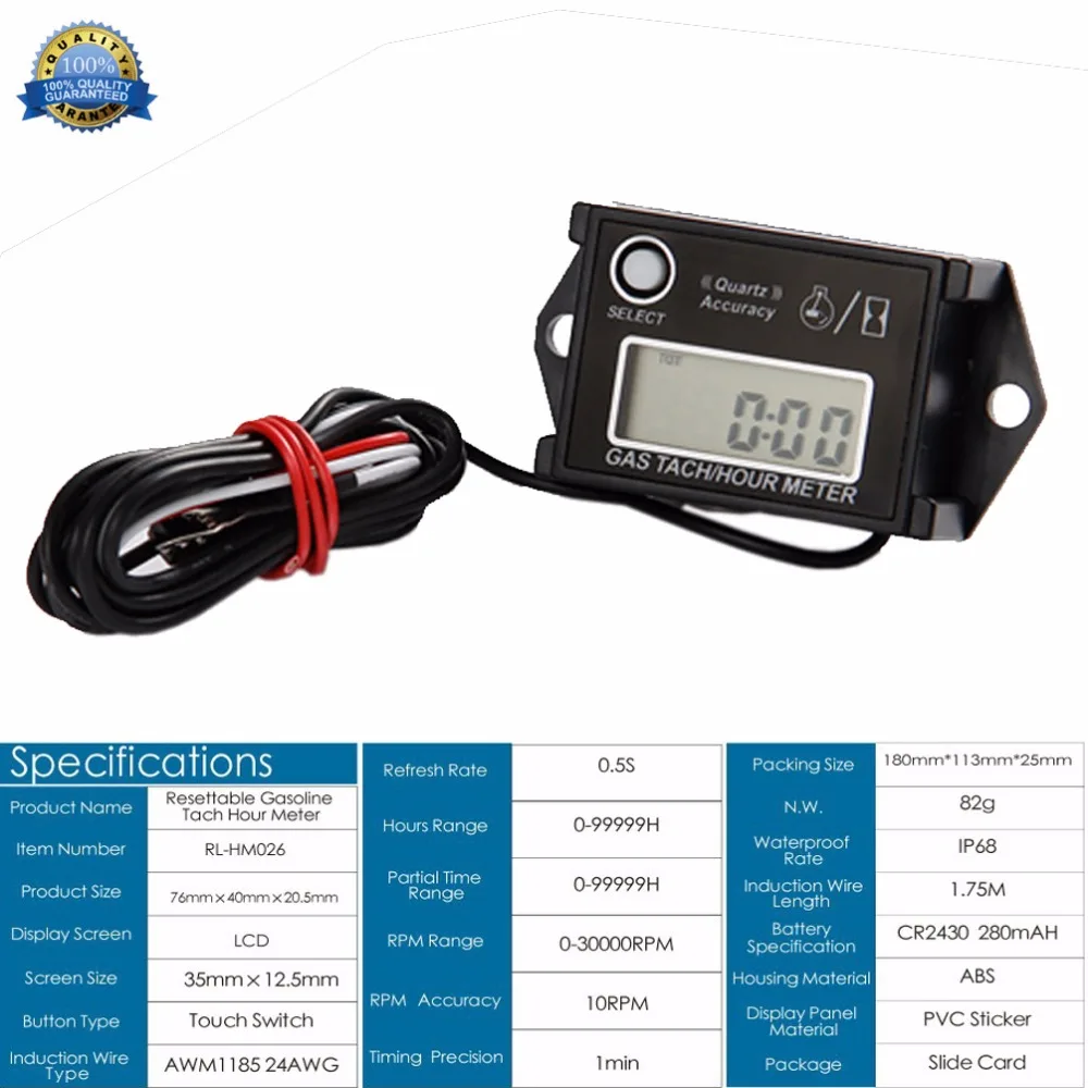 Digital Resettable Waterproof Tiny Tach Hour Meter Gasoline Engine Tachometer Induction  Snowmobile Jet Ski Digital Resettable