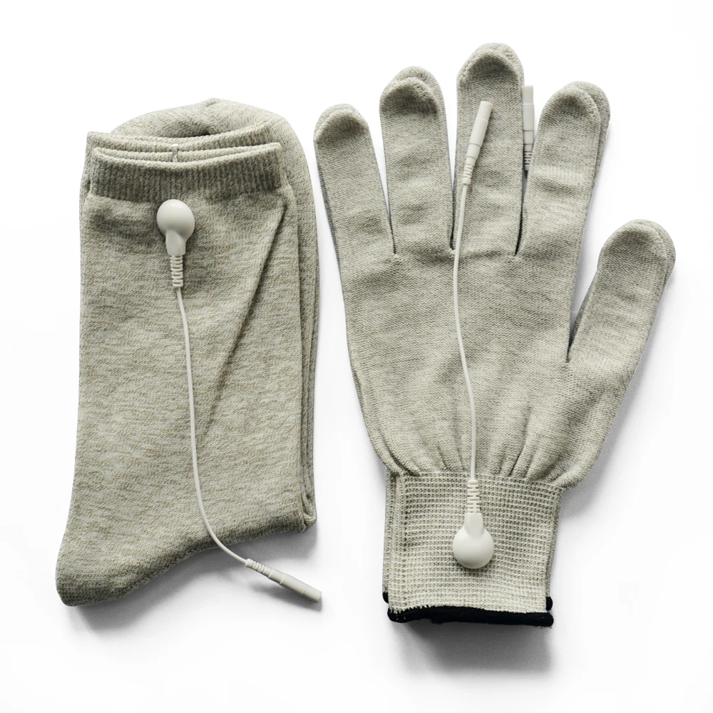 

Pair of Conductive Slivery Fiber Electrode Massage Gloves & Socks Use For TENS/EMS Unit For Physical Therapy