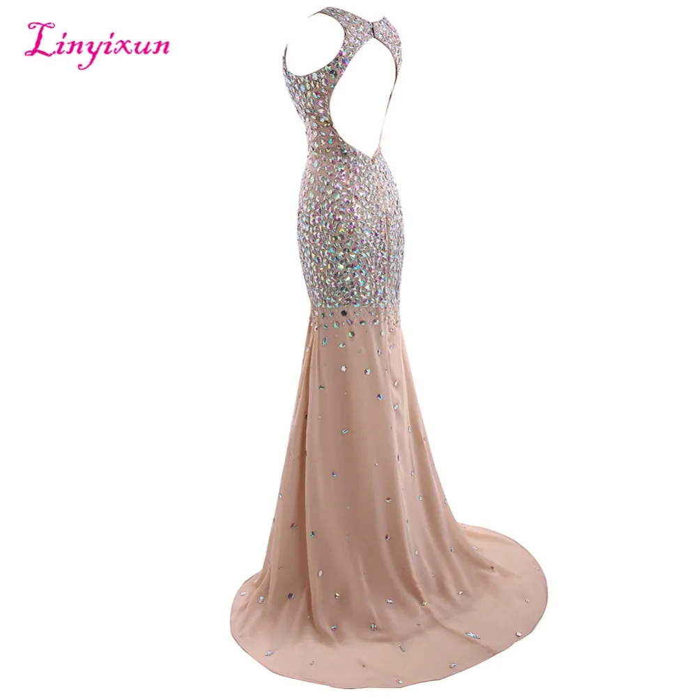 Linyixun Real Photo Nieuwe Sexy Jurken Luxe Kralen Crystal Lange V-hals Backless Party Formele Avondjurken vestido de festa