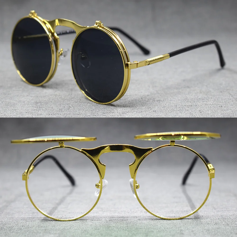 

1960's Vintage Round Gold Clip on Sunglasses Metal Full Rim Man Women Sun Glasses