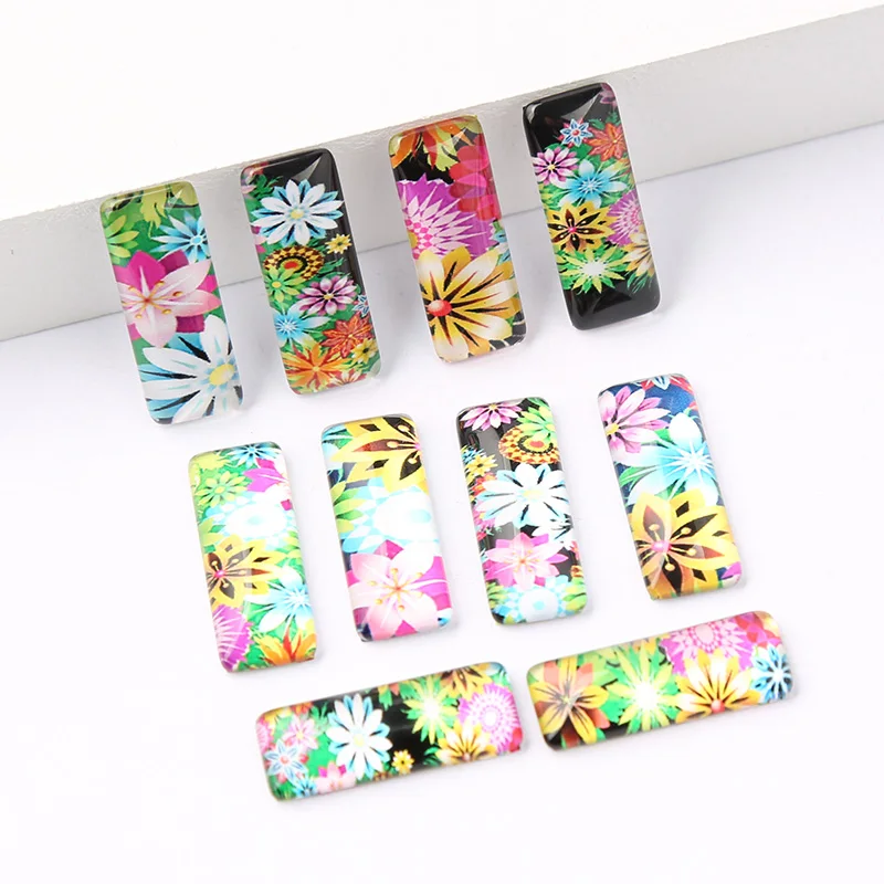 

reidgaller 20pcs mix flower pattern photo rectangle glass cabochon 10x25mm diy handmade jewelry findings for earrings making