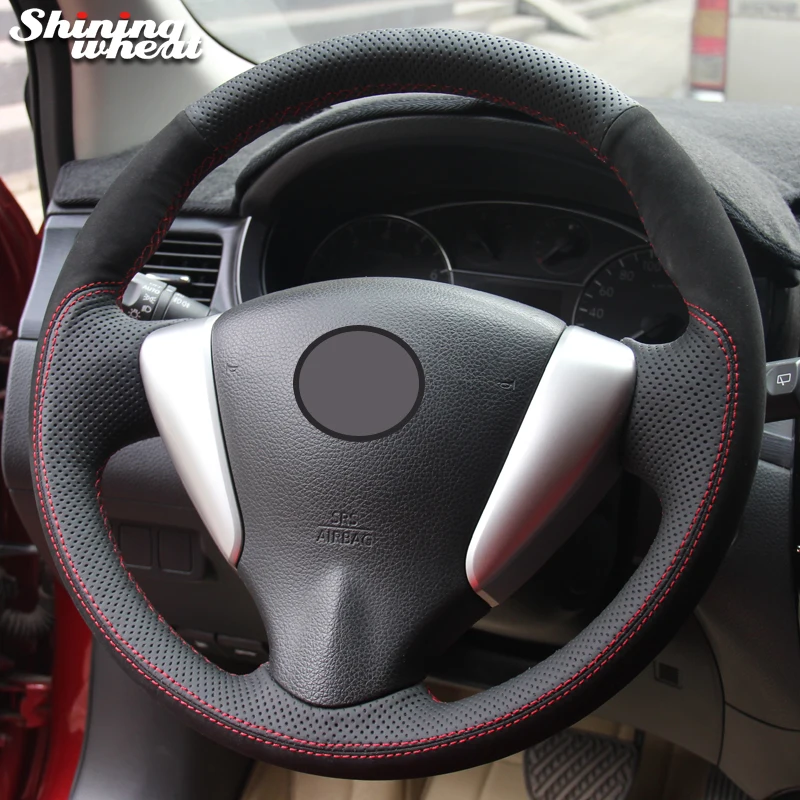 

Shining wheat Black Suede Black Genuine Leather Car Steering Wheel Cover for Nissan Tiida Sylphy Sentra Versa Note 2014-2017