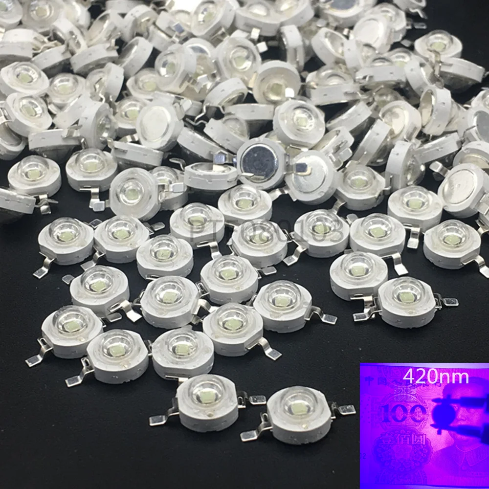 10 Stück 3 W UV-lila LED-UV-Lampen, Lampenchips, 365 nm, 375 nm, 380 nm, 385 nm, 395 nm, 400 nm, 405 nm, 410 nm, 420 nm, 3 W Hochleistungslicht