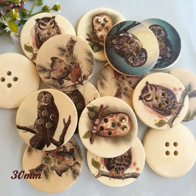 

144pcs 30mm 4 holes mixed owl patterns printing wood craft buttons for sewing scrapbooking craft sewing decorative accessories