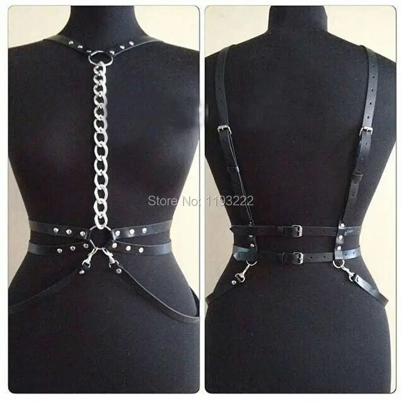 100% Handcrafted Leather Women Harness Girl Metal Chain Body Waist Cincher Sculpting Belt Cosplay Straps