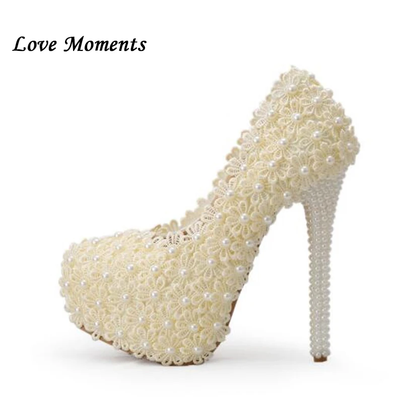 Black flowers Pearl bridal shoes 11cm/14cm High heels round toe fashion women's wedding shoes Ladies Summer Party Pumps female image 5