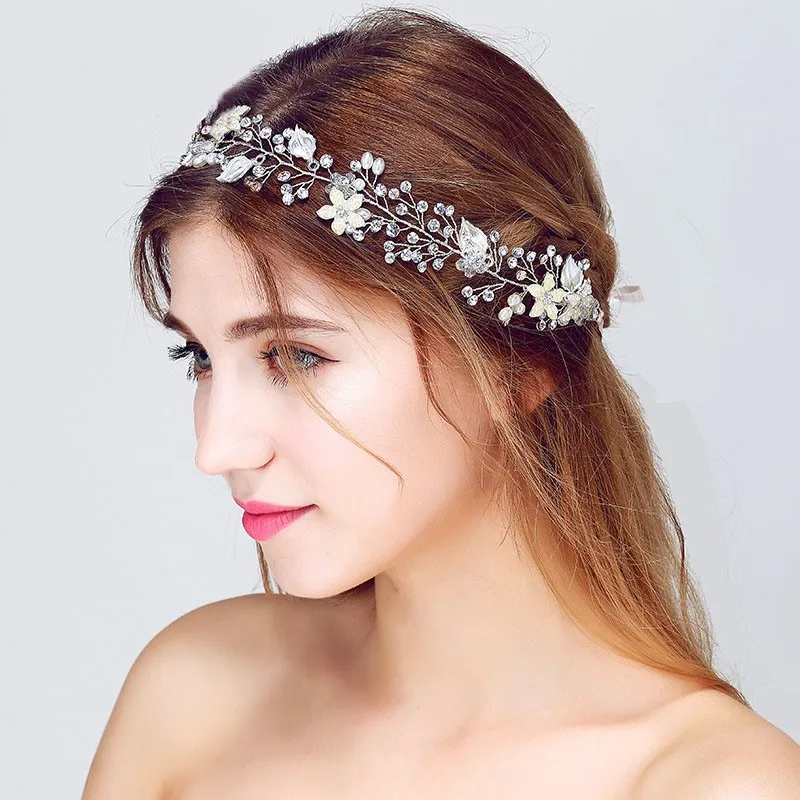 Slbridal artesanal com fio de cristal strass pérolas de água doce flor casamento cabelo videira bandana nupcial headpiece acessórios para o cabelo