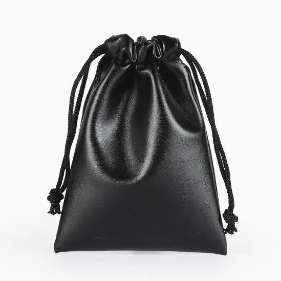 

High Quality Retail 12*11,11*15,15*20, 21*25cm Black PU Leather Bags Drawstring Pouches For Phone Earplugs Gift Packaging Bag