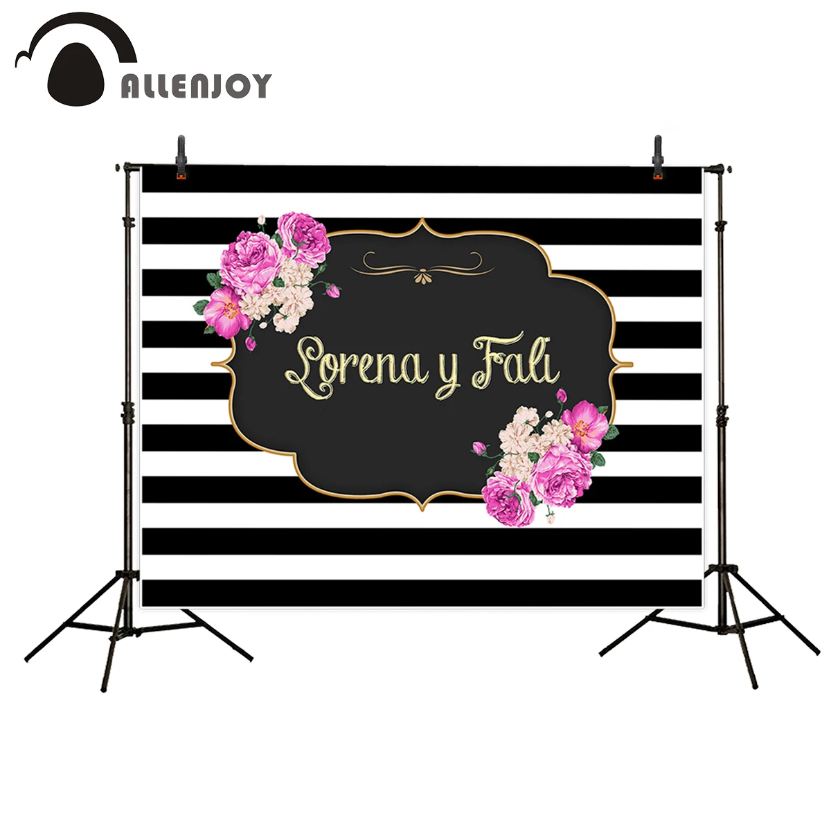 

Allenjoy new arrivals photo backdrops Black and white striped flowers LOGO golden birthday backdrop photocall photo printed