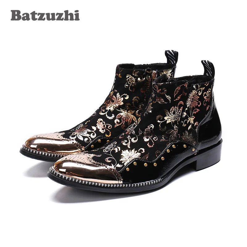 

Batzuzhi Italian Type Men Shoes Pointed Metal Toe Black Leather Ankle Boots Botas Hombre Designer's Party Prom Boots Man, US6-12