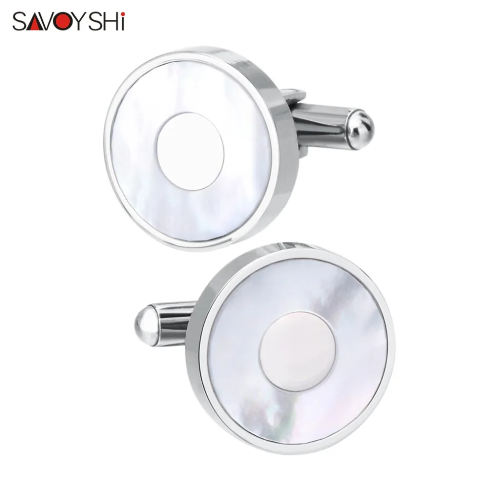 SAVOYSHI, gemelos de color plateado para hombre, gemelos de concha blanca de alta calidad, gemelos redondos formales para camisas de negocios y bodas, joyería