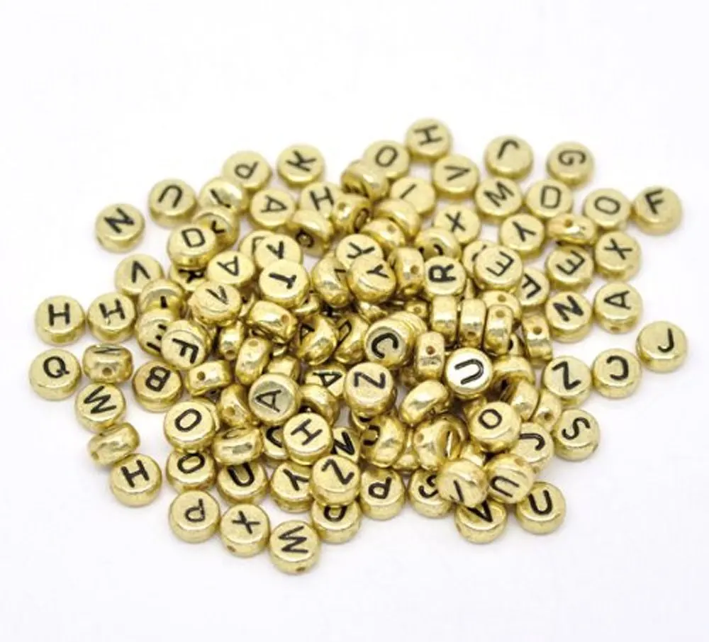 Cuentas de letras acrílicas para fabricación de joyas, 100 unids/bolsa, 4x7mm, colores plateados y dorados para elegir