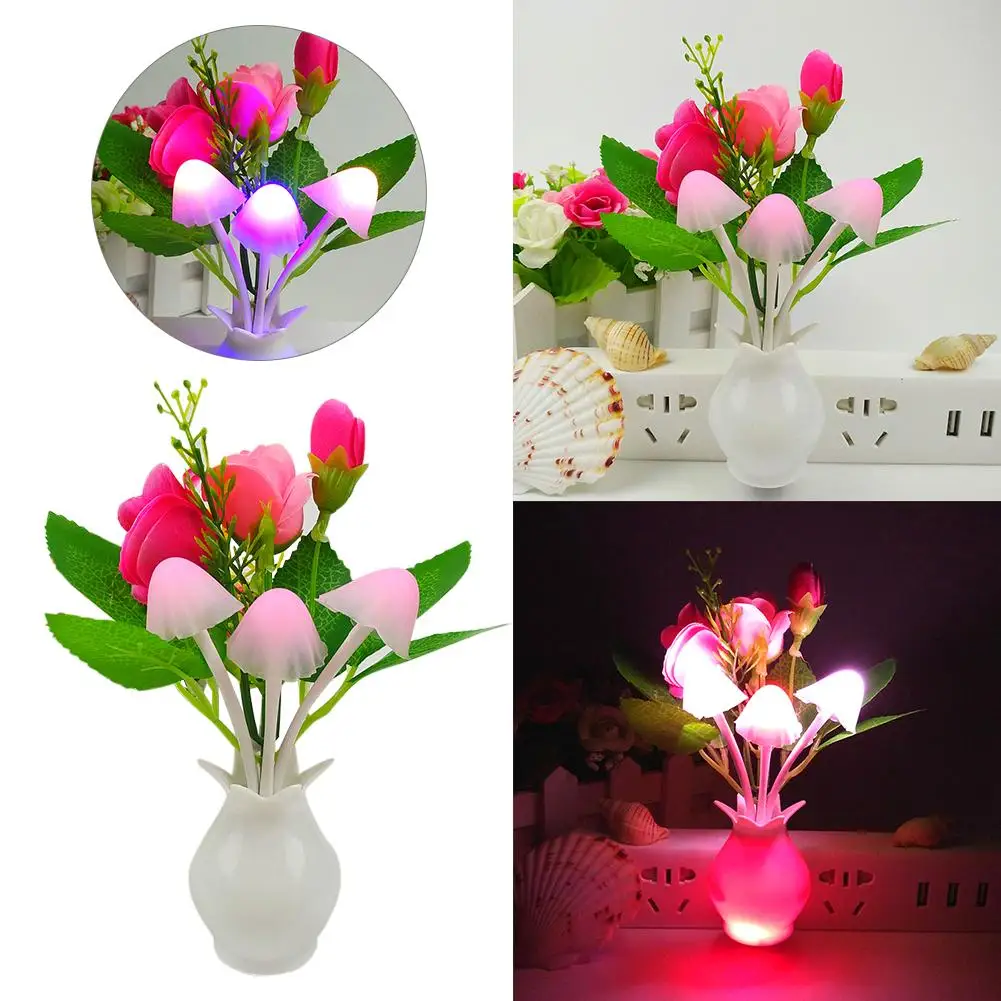 110-220V Rose Mushroom Shaped LED Night Light Induction Light Control Lamp Home Decoration Vase Socket Lamp Lighting Tool