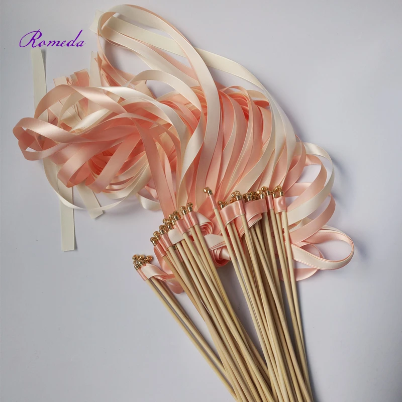 Hot selling 50pcs/lot coral and champagne wedding ribbon wands with gold bell  ribbon Twirling Streamers wedding ribbon stick