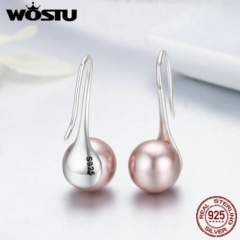 WOSTU 100% Real 925 Sterling Silver Trendy Elegant Pink Simulated Pearl Drop Earrings For Women Jewelry Dropshiping CQE145