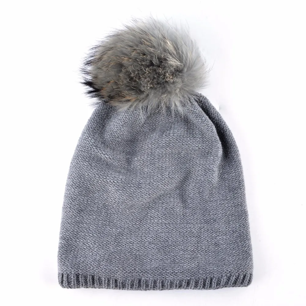 2018 Winter Women's Beanie 100% Raccoon Fur Pompom Ball Knitted Wool Hat Skullies Cap Ladies Knit Hats For Women Beanies