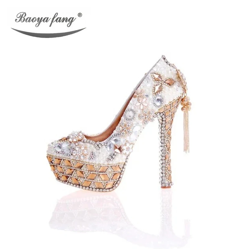 Luxury Crystal Women Wedding shoes party dress shoes High heel platform shoes Champagne crystal Tassel Chain Female shoes