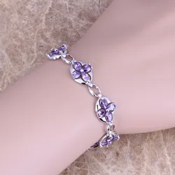 Charming Purple Cubic Zirconia Silver Plated Link Chain Bracelet 6.5 inch S0350