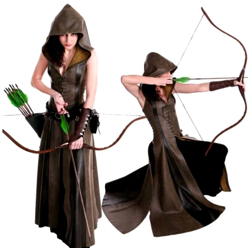 Women Sexy Lace Up Leather Hooded Medieval Dress Adult Ranger Cosplay Clothes Medieval Halloween Costumes