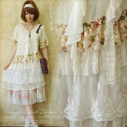 Summer Cascading Ruffle Dress Women Mori Girl Sweet Short Sleeve Lace Embroidery Female Princess Kawaii Lolita Dresses A200