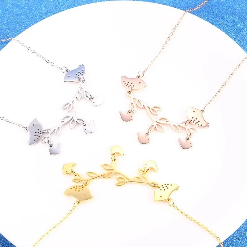 Stainless Steel Animal Love Bird Pendant Necklace Parent And Baby On A Branch Meaningful Mother Day Gifts For Women