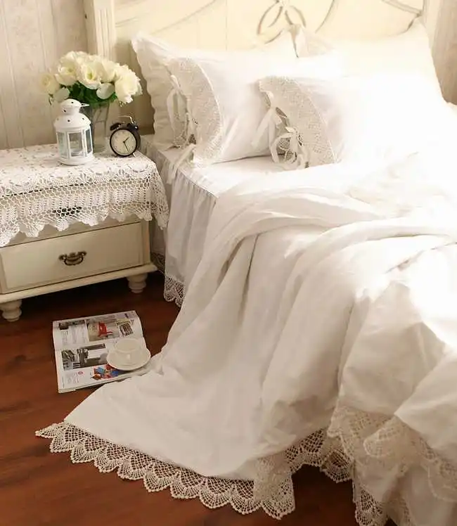 Snow White Egyptian Cotton Lace Bedding Sets, Luxury Princess Wedding, Solid Color Duvet Cover, Bed Skirt, Bedspread Pillowcases