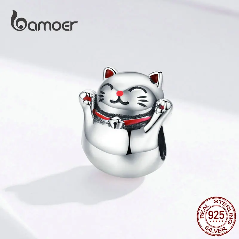 BAMOER 925 Silver Cat Metal Charm Lucky Guardian Maneki Neko Metal Beads for Women Charm Bracelets Bangles DIY Jewelry SCC1178