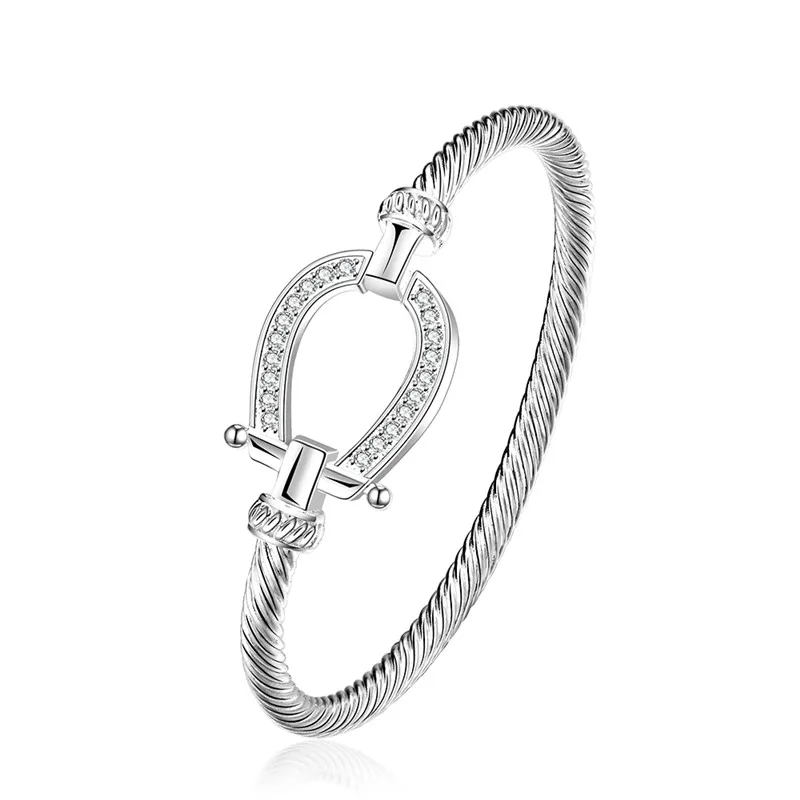 Pure Silver Horse Shoes Bangle Bracelet for Women Femme Pulseria Costume Jewelry Decorations U Clasp Water Drop Bracelet Gifts