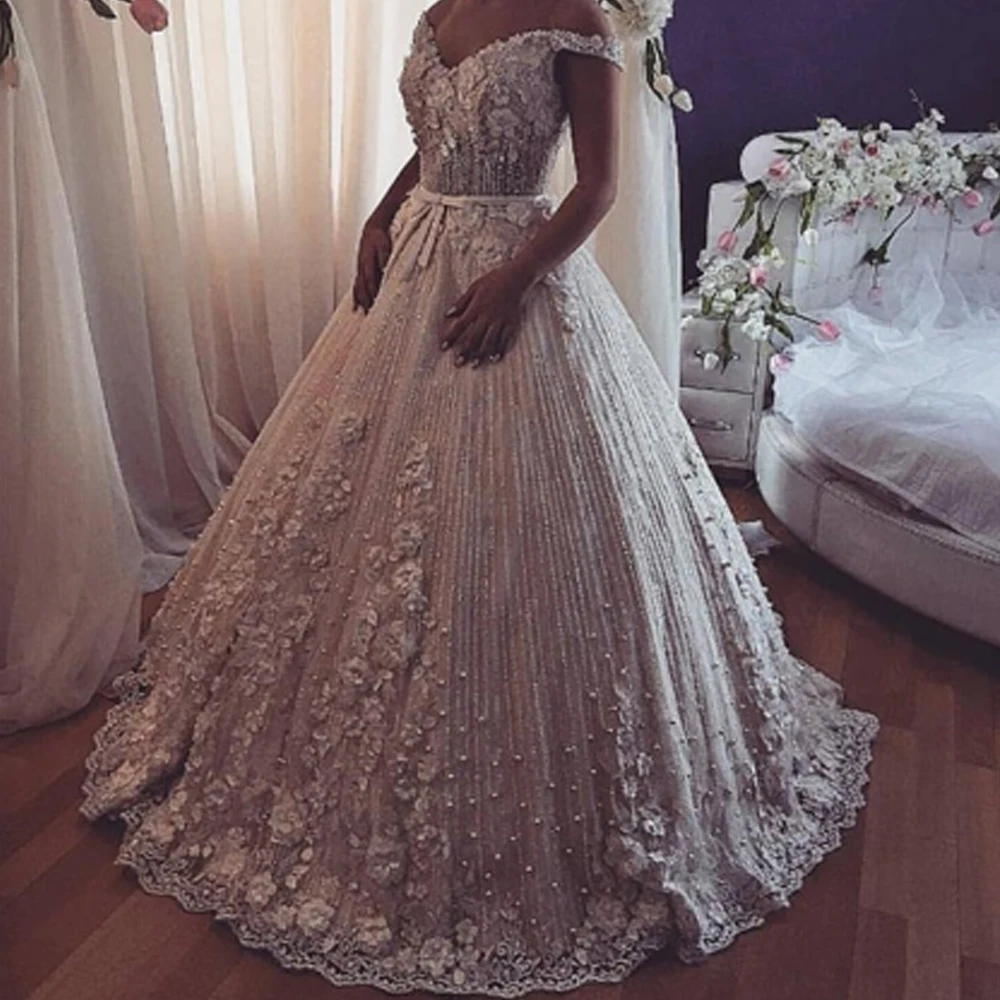 

2019 wedding dresses v neck off the shoulder lace appliques beading beaded crystal puffy bridal dresses vestidos de noiva