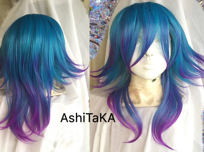 Game LOL Neeko the Curious Chameleon Blue And Purple Ombre Heat Resistant Hair Perucas Cosplay Costume Wig + Free Wig Cap