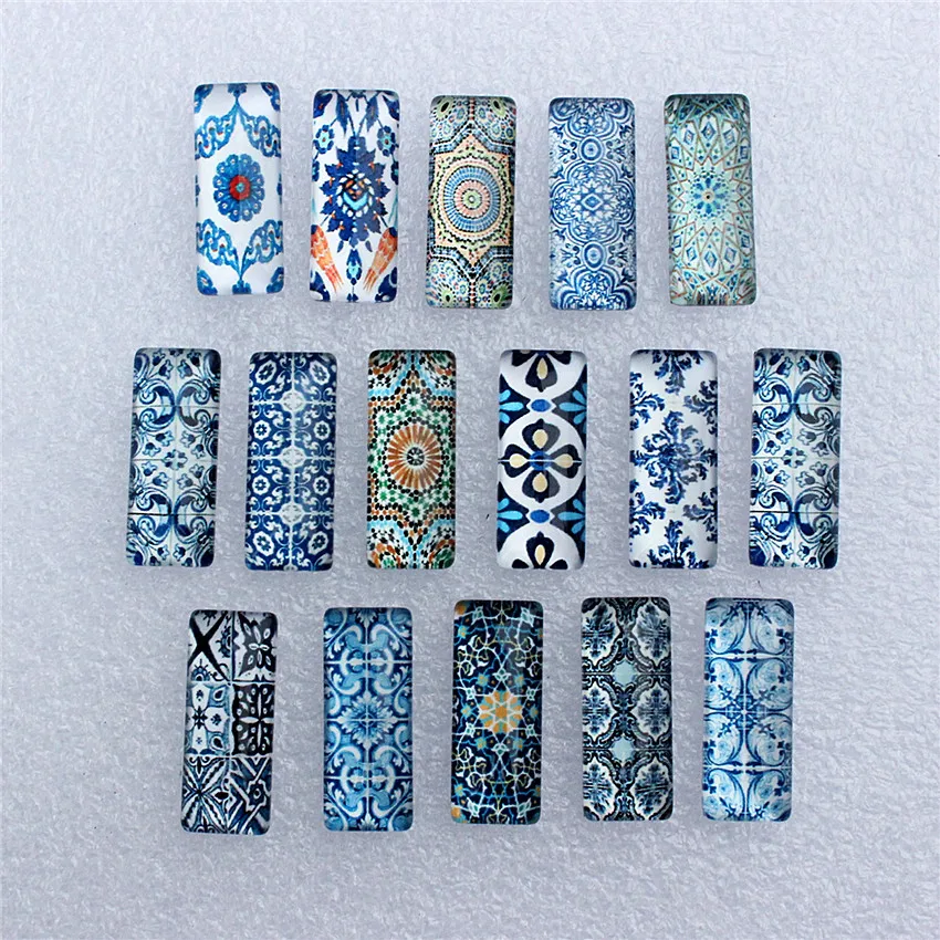 10x25mm Random Mixed Blue and white Porcelain Rectangle Glass Cabochon Dome Flatback Photo DIY Accessories 10pcs/lot K06035