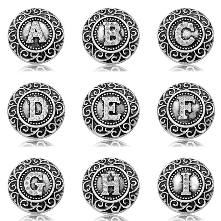 New KZ3092 Beauty Charm Round pattern crystal 26pcs A-M Alphabet Letters Metal 18MM snap buttons for DIY snap jewelry