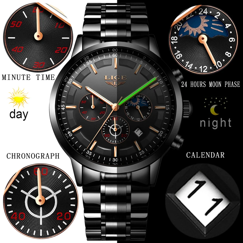 LIGE Fashion Sport Quartz Man Watch Top Brand Luxury Business Clock Watches for Men Waterproof Chronograph Relogio Masculino+Box