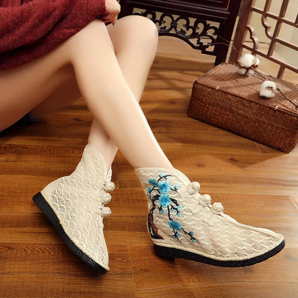 Veowalk Summer Spring Women Lace Fabric Short Boots, Breathable Cotton Embroidered Ankle Booties for Ladies Vintage Flat Shoes