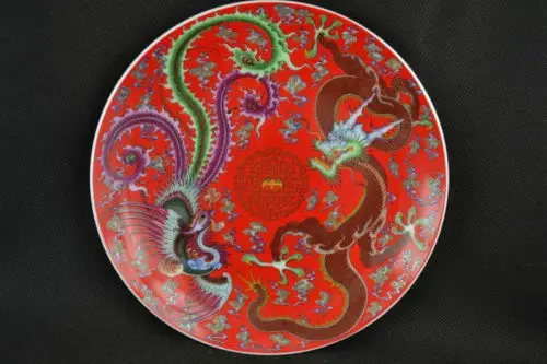 

Exquisite Collectibles Old Decorated Handwork Porcelain Drawing Dragon & Phoenix Plate