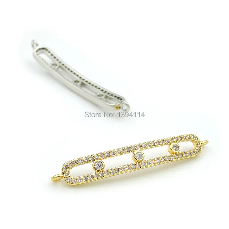 38*5*3mm Micro Pave Clear CZ Arc Oblong Connector With 3 Movable Beads Fit For Women As DIY Bracelets Accessory