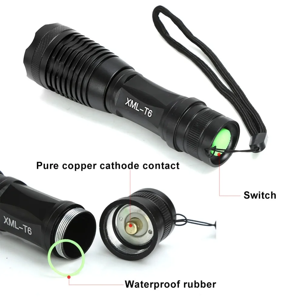 Anjoet E6 High Quality Tactical Flashlight XML-T6 LED 5 modes Zoomable hunting lanterna Torch Flash Light +18650 Battery Charger