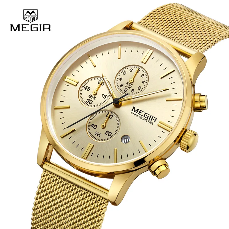 MEGIR fashion men\'s business quartz watches casual stainless steel mesh band wristwatch man luminous dress watch for male 2011G