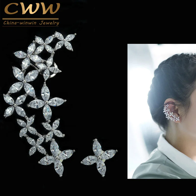 CWWZircons Design Right And Left Asymmetric Design New Fashion Brand Big Cubic Zirconia Ear Cuff Flower Earrings for Women CZ294