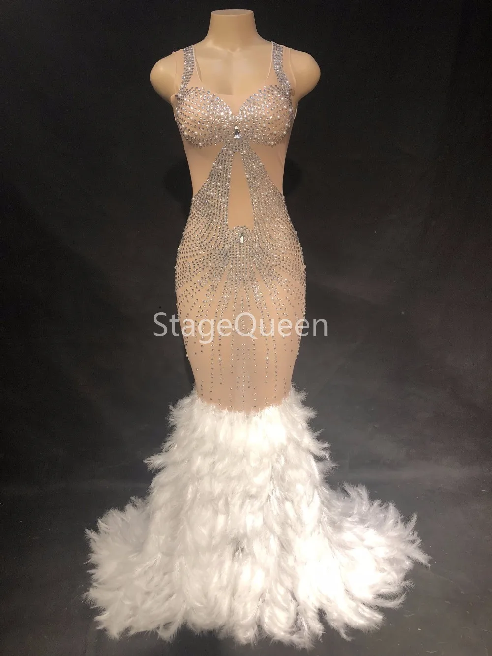 

Women Sexy Stage White Feather Nude Mesh Stones Dress Birthday Celebrate Transparent Net Yarn Dress Evening Costume Dress