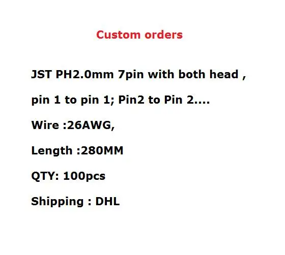 

new JST PH2.0mm 7pin with both head ,pin 1 to pin 1,pin2 to pin2......26AWG wire,280MM length---100pcs/lot