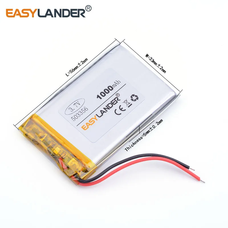 

10pcs /Lot 1000mAh 3.7V 503356 Rechargeable Lithium Li-ion Polymer Battery for dvr GPS mp3 cell phone speaker 053356