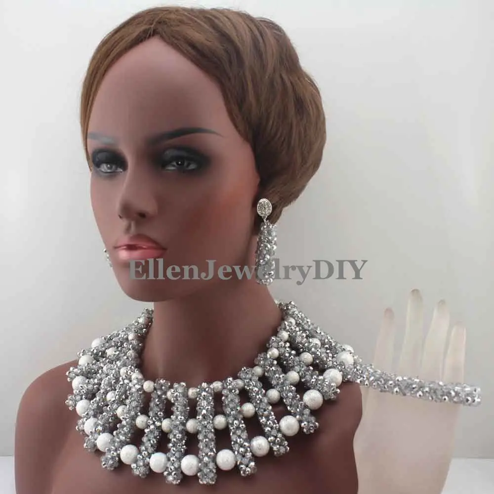 New Indian Silver Silver African Bride Jewelry Set Nigerian Wedding Party Beads Statement Necklace Set Free Shipping W13275