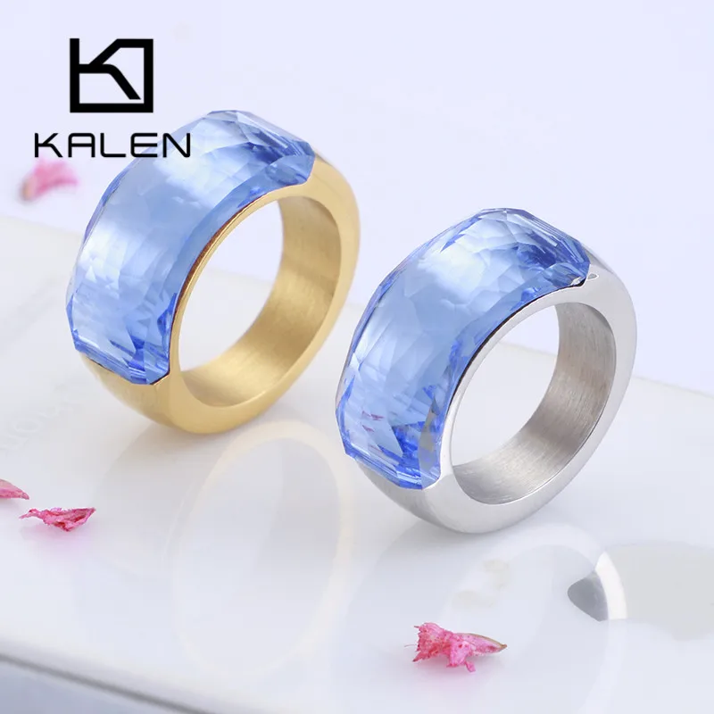 KALEN Gold Color Stainless Steel & Colorful Stone Rings For Women Trendy Glass Wedding Rings Anillos Mujer Party Jewelry Gifts