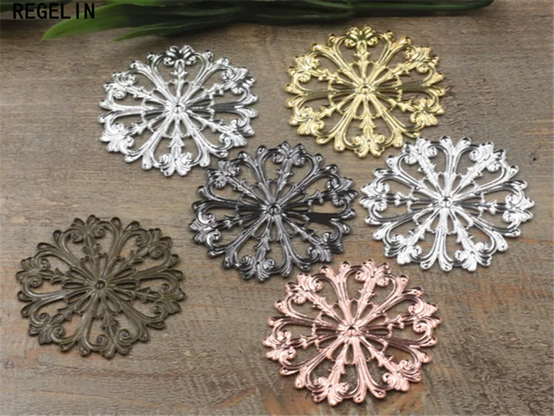 REGELIN Vintage Hollow Flower Motif Charms Gold/Silver Color Flower Jewelry Findings 10pcs 51mm for DIY Headwear Making Craft