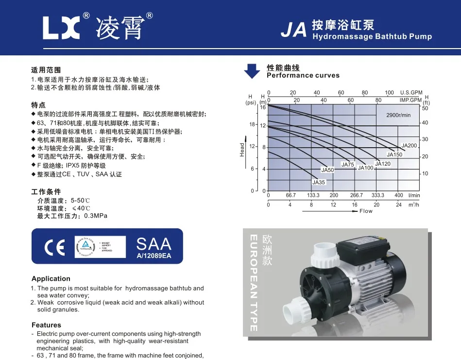 Spa Circulation Pump 370W 0.5HP JA50 50HZ 220-240V 2900r/Min for Australia 60HZ 220-240V 3450R/Min for US Canada hot tub