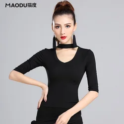 Zwart Moderne Dansen Tops U hals Half Mouw Sexy Latin Dance Kleding Dame Ballroom Kostuum Prestaties Draagt B-6938