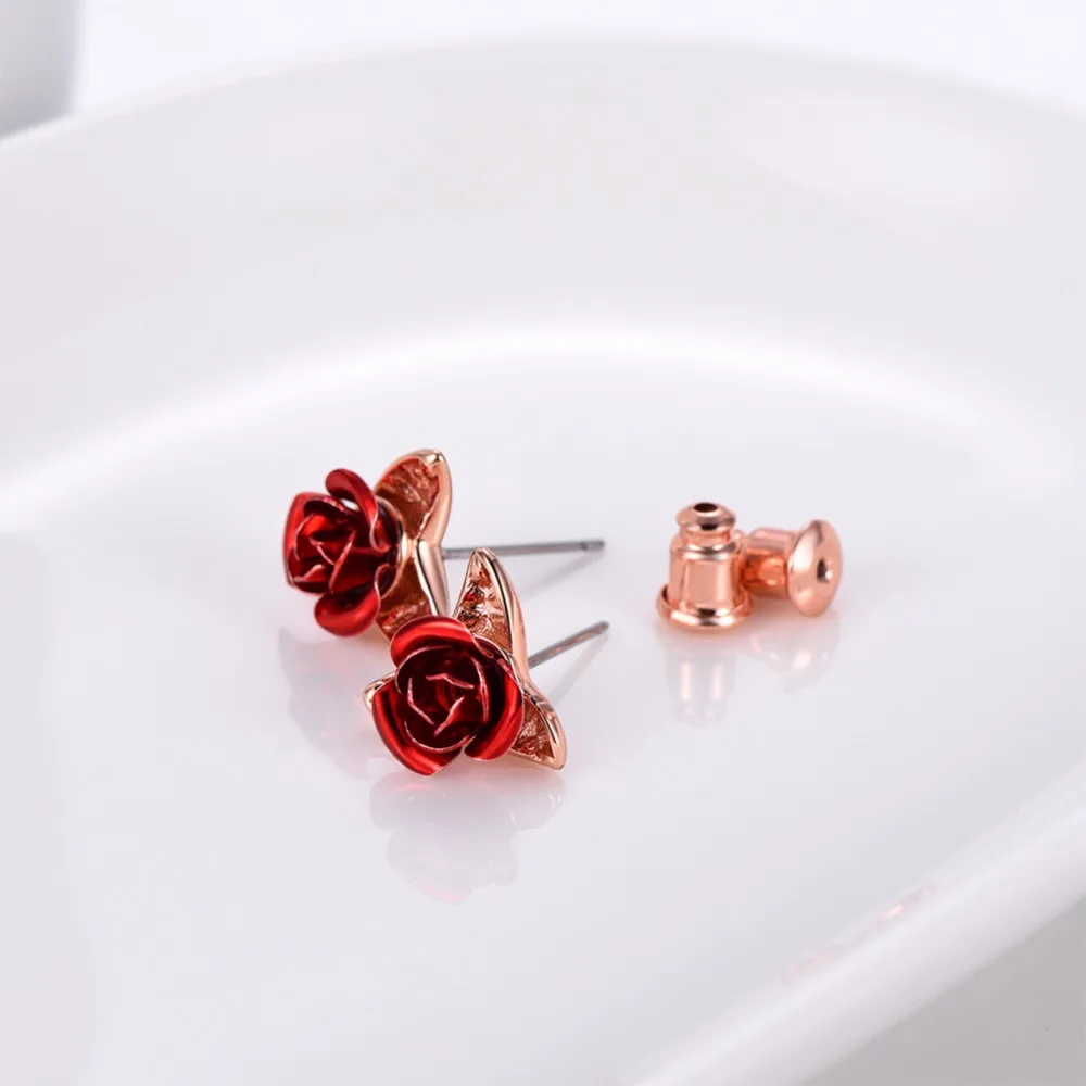 U7 Cute Red Rose Metal Flowers Stud Earring For Women Lady Romantic Gift Brincos Wedding Earrings Party Jewelry E1014